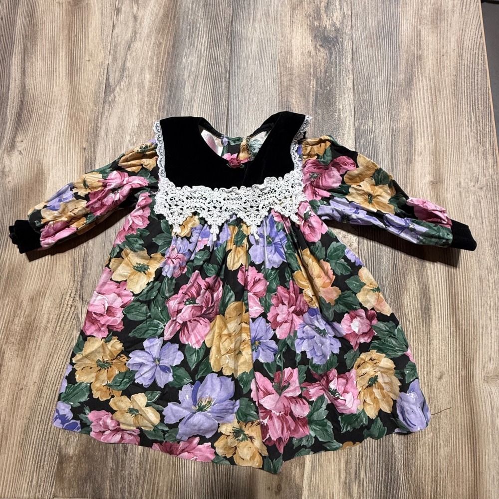 Vintage 90s Jo Lene Toddler Dress Floral Velvet Lace Black Pink 2T Cottagecore